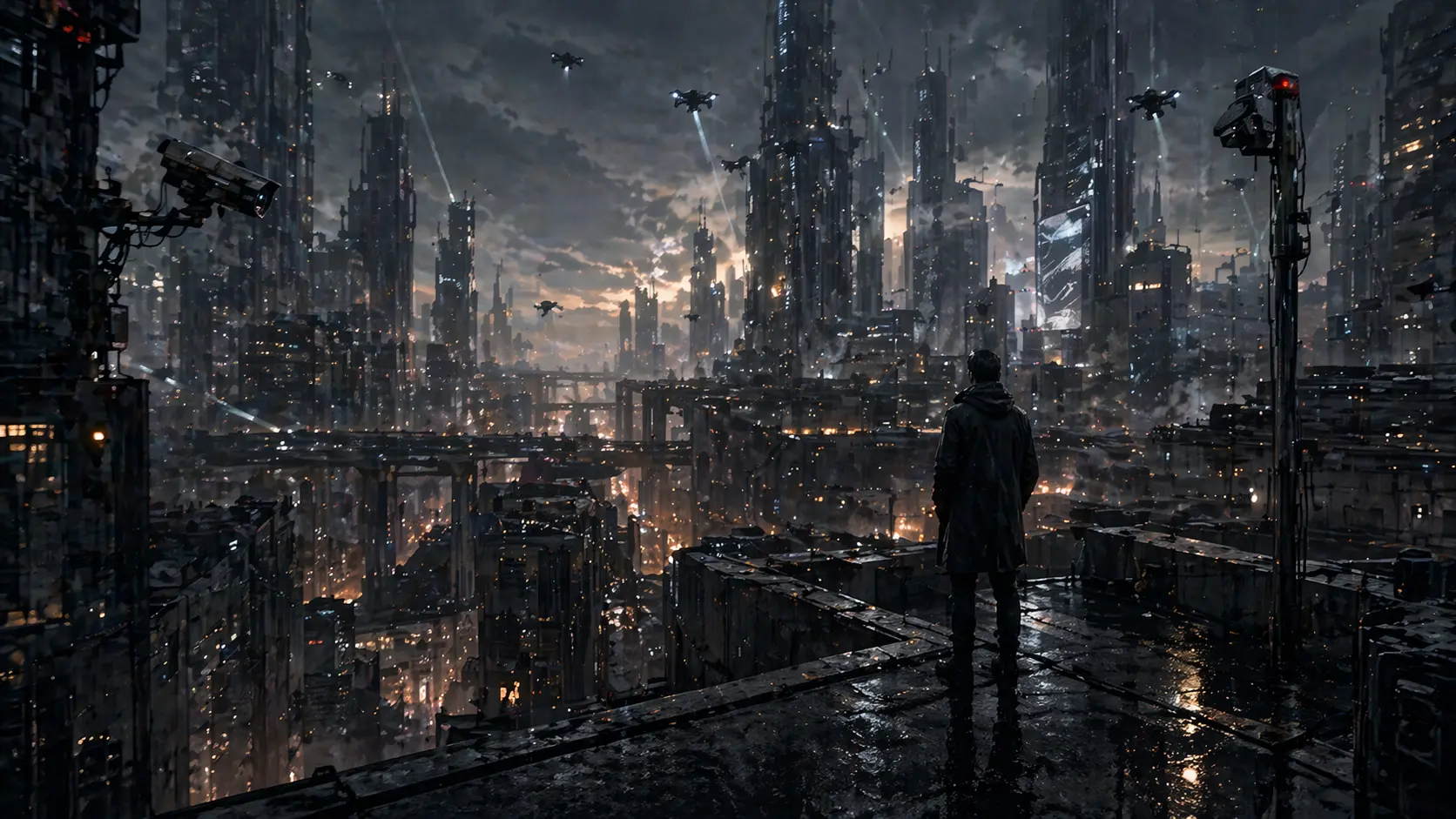 A dystopian surveillance city scape with elevated trainsit, drone, and monumental architecture.