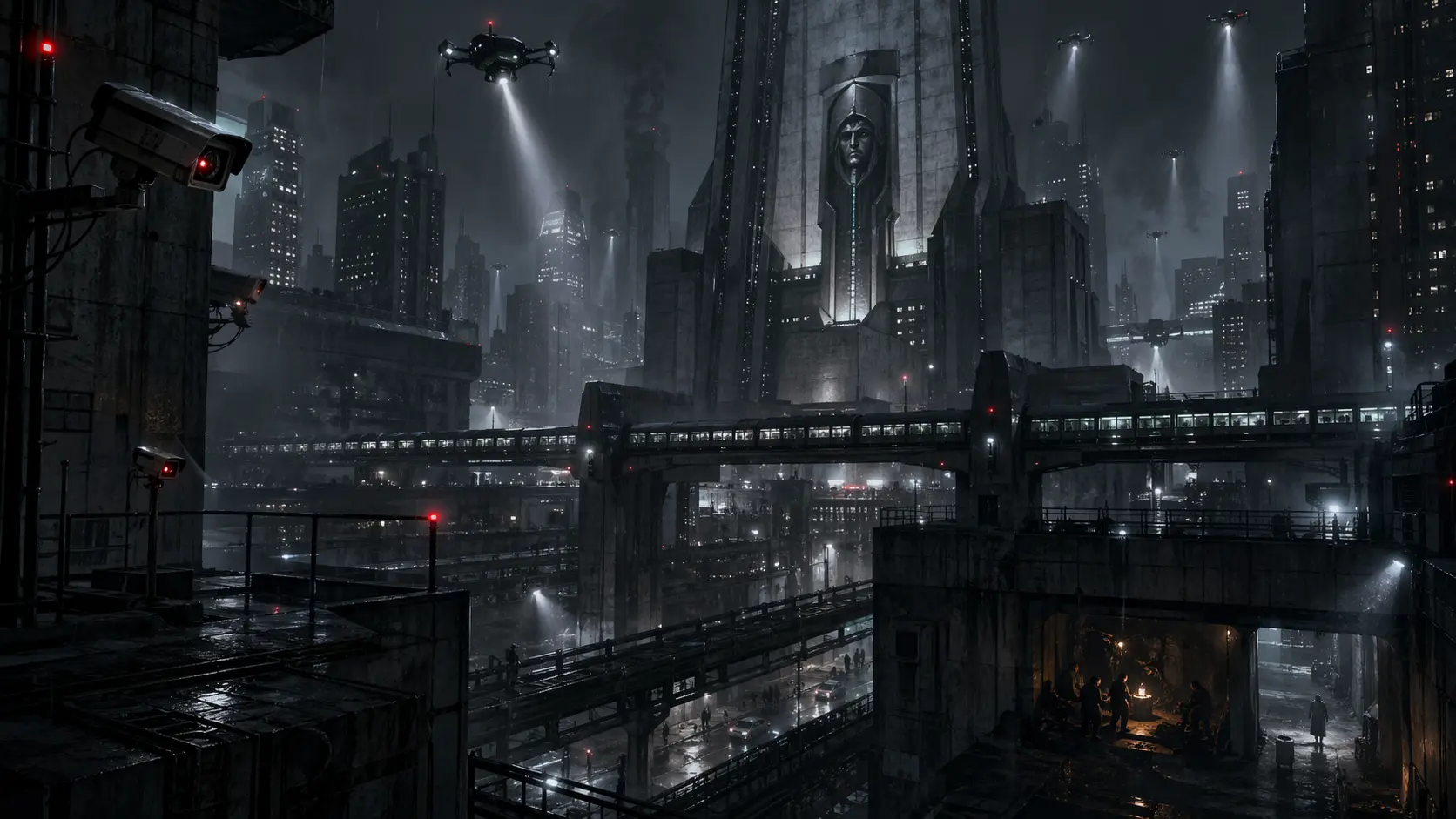 A dark surveillance city where hidden resistance persists beneath towers, drones, and elevated transit lines.
