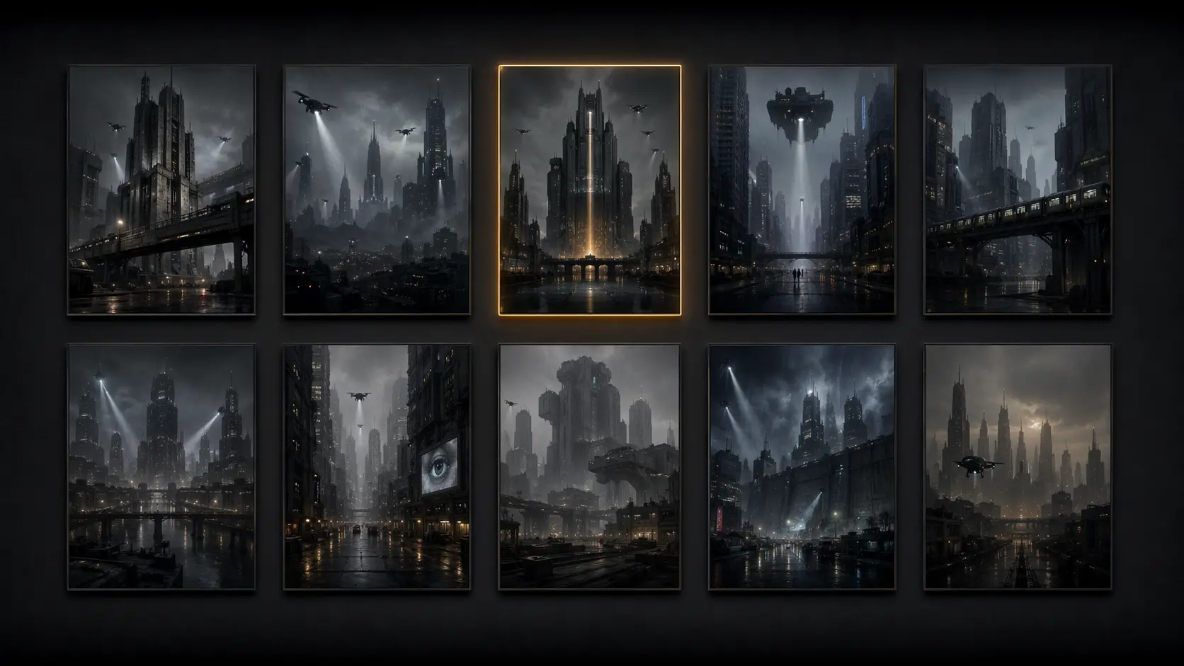 A grid of dystopian city poster editions displayed for selection.