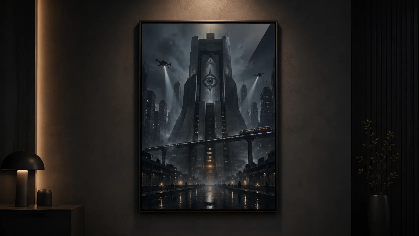 A framed dystopian poster displayed in an interior setting.