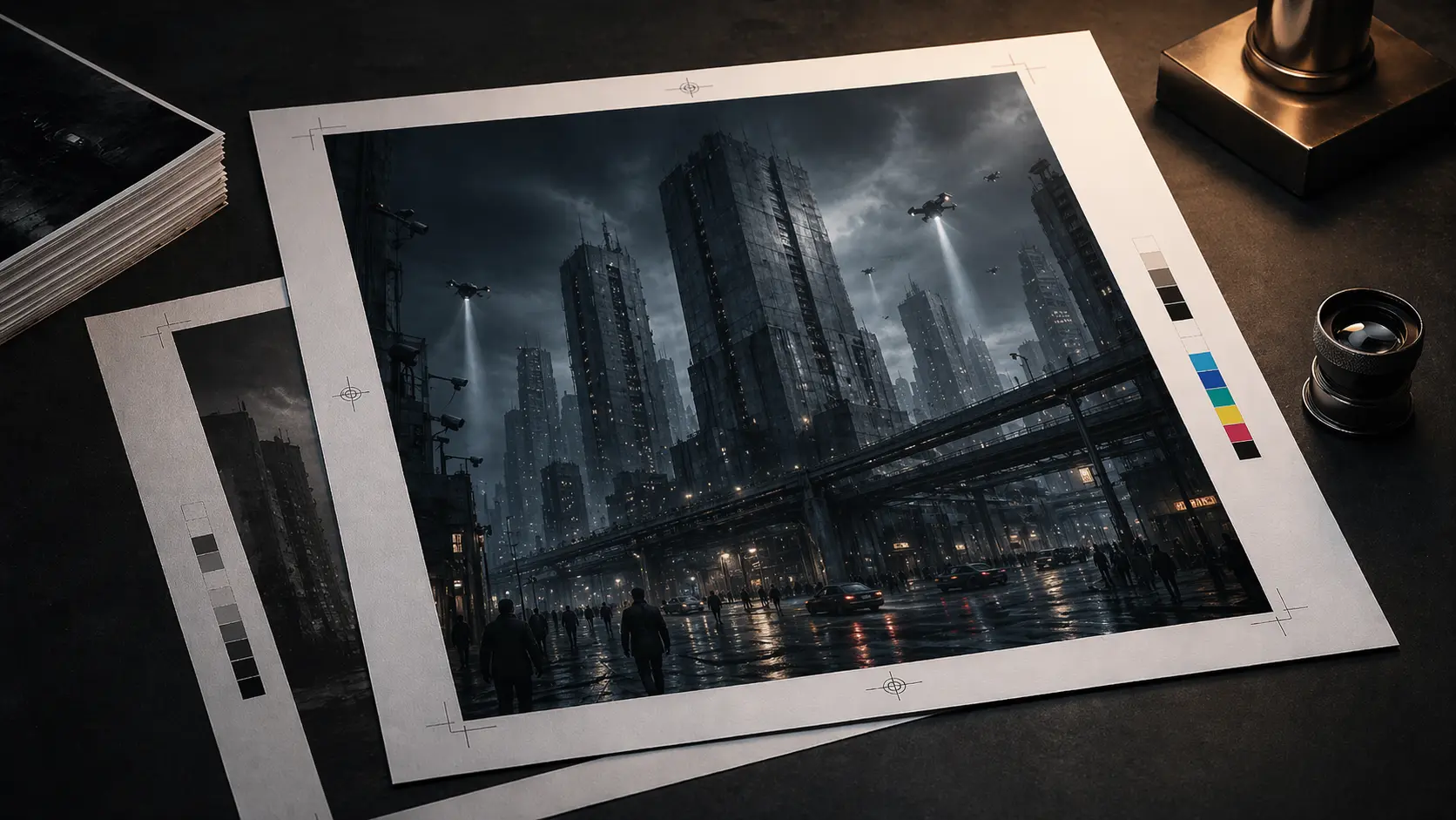 Print-ready dystopian artwork proofs laid out for production.